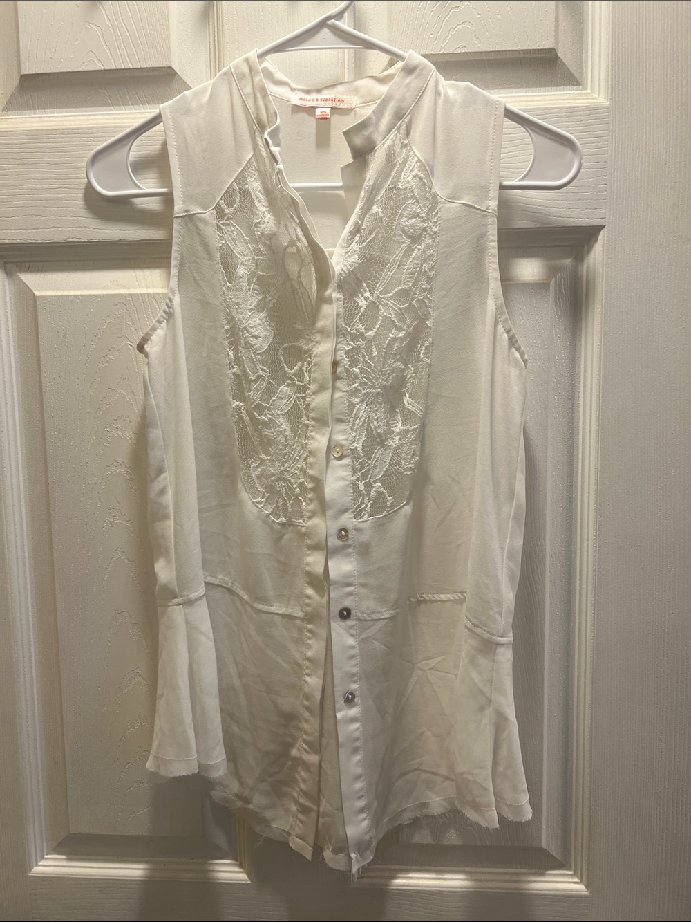 Sleeveless White Lace-Front Button Blouse